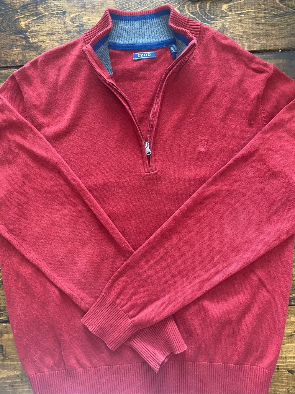 Izod Men's Red Quarter-Zip Sweater with Blue and Gray Collar Detail